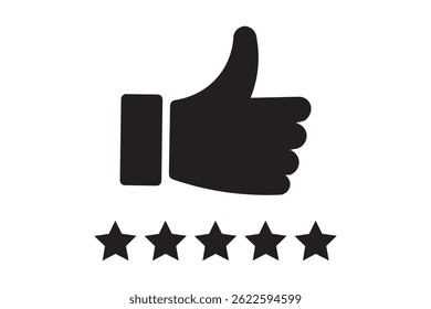 Customer product rating with five stars icon. Like, thumb up. Success, favorite, feedback, experience, quality, customer satisfaction.