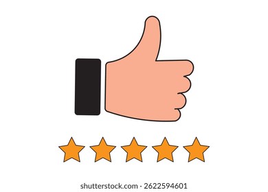 Customer product rating with five stars icon. Like, thumb up. Success, favorite, feedback, experience, quality, customer satisfaction.