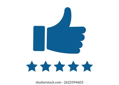 Customer product rating with five stars icon. Like, thumb up. Success, favorite, feedback, experience, quality, customer satisfaction.