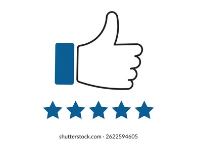 Customer product rating with five stars icon. Like, thumb up. Success, favorite, feedback, experience, quality, customer satisfaction.