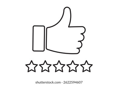 Customer product rating with five stars icon. Like, thumb up. Success, favorite, feedback, experience, quality, customer satisfaction.