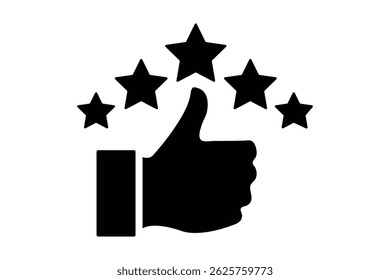 Customer product rating with five stars icon. Like, thumb up. Service satisfaction, quality, good rate vector illustration. Vector illustration.
