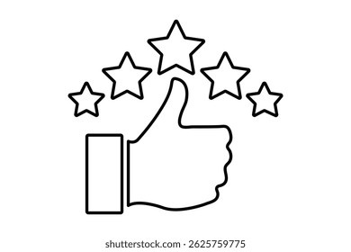Customer product rating with five stars icon. Like, thumb up. Service satisfaction, quality, good rate vector illustration. Vector illustration.