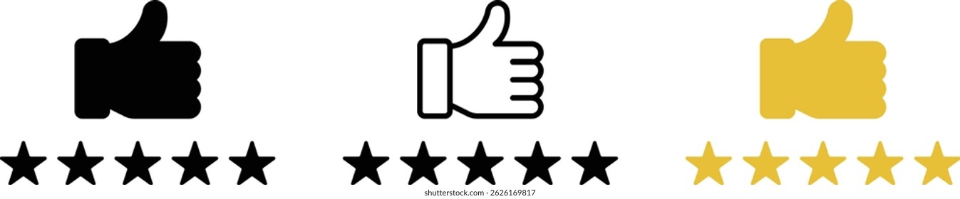 Customer product rating with five stars icon. Like, thumb up. Success, favorite, experience, quality, customer satisfaction. Outline, set of thumbs up icons with different colors. in trendy style    