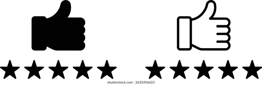 Customer product rating with five stars icon set, five star rating icons with thumbs up. design in trendy style. black and white design of Customer product rating with five stars