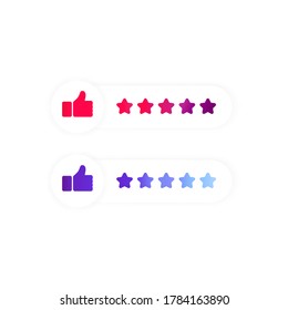Customer product rating icon flat. Sticker, button. Social media consept. Thumbs up and five star. Like 5 stars. Vector on isolated white background. EPS 10