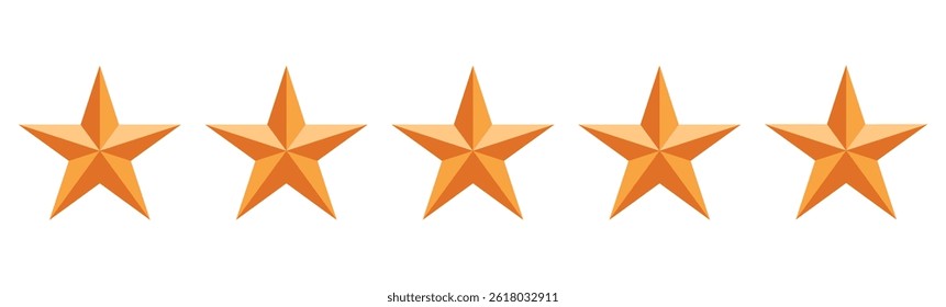 Customer product review icon with five stars. Five stars rating. Golden yellow five-star icon for apps and websites. Quality, customer rating, feedback. Vector illustration.