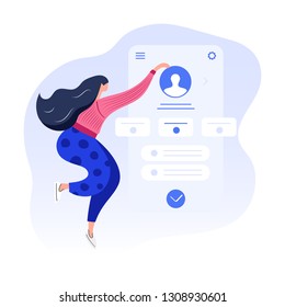 Customer profile account in a mobile application, digital marketing, user overview, data analysis, office work under dashboard. Flat modern vector illustration on white background for landing page.