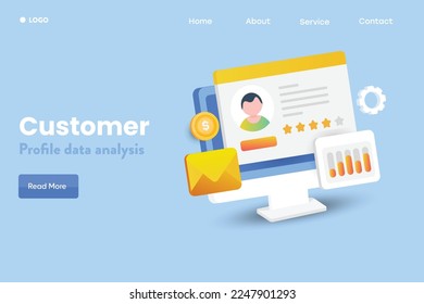 Customer profile analysis, CRM software, Customer communication with email messages, Customer data on dashboard - 3D design vector landing page template