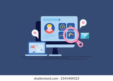Customer profile analysis, Customer database, Customer behavioral data analytics, Purchase history - vector illustration background with icons