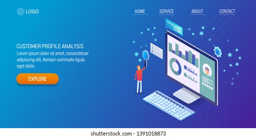 Customer profile analysis, Customer database, Digital portfolio, 3D, isometric vector banner with icons and texts