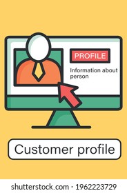 Customer profile brochure.Info about person, buying patterns,demographic characteristics template.Flyer,magazine, poster,booklet.Data platform infographic concept.Layout illustration page with icon