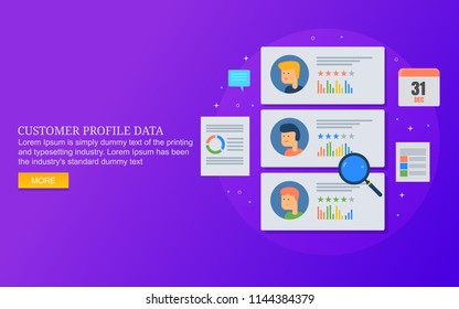 Customer Profile Creation, Customer Database Management, Business Records Flat Design Vector Concept On Blue Backgorund