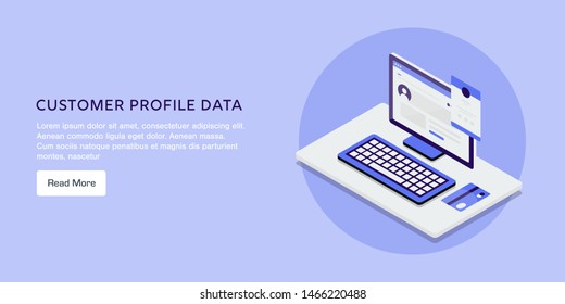 Customer profile, Customer database, potential clients conceptual 3D, isometric vector illustration banner with texts