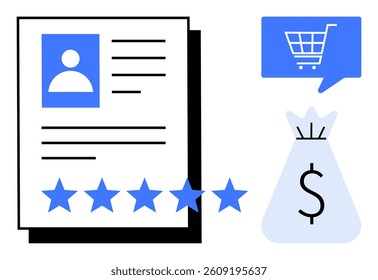 Customer profile document with blue background picture, five-star ratings, shopping cart icon, and money bag. Ideal for e-commerce, customer feedback, marketing analysis, online shopping, business