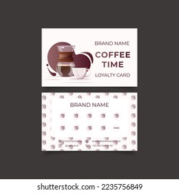 Customer program for cafe or coffee shop. Loyalty card. Layout with blank space for stamps, special offer to collect stamps, buy 9 get one drink free. Coffee maker and cup of coffee