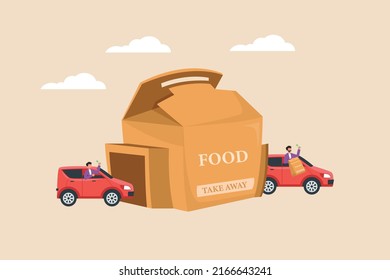 Customer Purchase Goods without Leaving Auto or using drive thru. Take away and service concept. Colored flat graphic vector illustration.