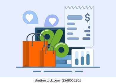 Concepto de análisis de Historial de compras Cliente, conducta de compras Cliente, concepto de compras de comercio electrónico, ventas de comercio electrónico, Ilustración vectorial con iconos en el fondo.