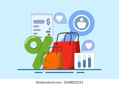 Concepto de análisis de Historial de compras Cliente, conducta de compras Cliente, concepto de compras de comercio electrónico, ventas de comercio electrónico, Ilustración vectorial con iconos en el fondo.