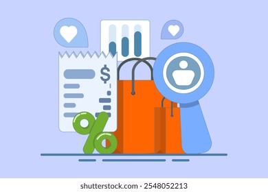 Concepto de análisis de Historial de compras Cliente, conducta de compras Cliente, concepto de compras de comercio electrónico, ventas de comercio electrónico, Ilustración vectorial con iconos en el fondo.