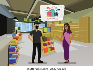 A customer in a purple dress is interacting with a masked employee in a retail store, with a speech bubble above the customer displaying online shopping icons. Vector Flat Illustration