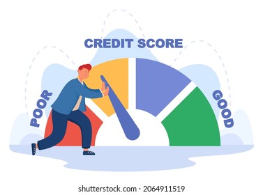 Der Kunde drückt den Pfeil der Kreditwürdigkeit auf dem Hypothekenspeedometer aus. Kleiner Mann mit Messung von arm bis gut auf Kredit-Skala mit Ebenen flachen Vektorgrafik. Verbesserung der Bonität, des Schuldenkonzepts