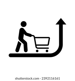 Cliente empujando el carro de la compra vacío. Icono de la inflación de alimentos. Costo de vida. Icono del vector aislado en fondo blanco.