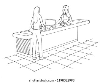 Customer putting products on tape cashier. Grocery store graphic black white sketch illustration vector