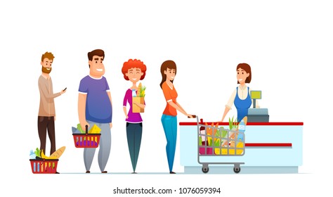 Customer queue  people shopping in supermarket at cash desk with cashier. vector illustration. isolated on white background