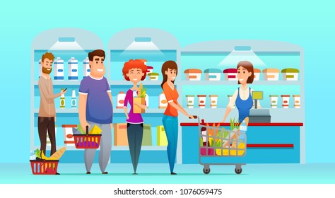 Customer queue  people shopping in supermarket at cash desk with cashier. vector illustration.