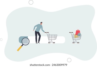 Cola de Clientes en la barra de búsqueda y Completar compra con todos los artículos comprados en la Ilustración vectorial Carrito de compras.flat.