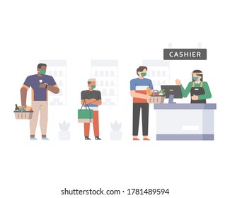 Customer queue up at the supermarket cashier while applying safety health protocol by doing social distancing and wear face mask vector illustrations