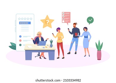 Customer queue at support manager. Clients complaint on call, questions ask for consulting specialist, online review, vector illustration. Client customer at support service queue