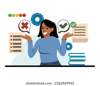 customer rates service, Customer satisfaction meter with different emotions vector illustration. Woman rates the quality of a company or education. vector illustration