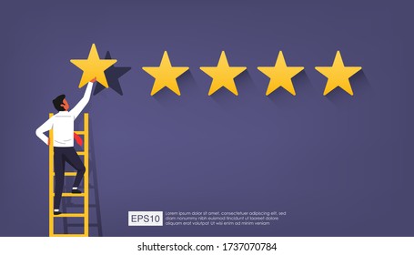 Customer rating design concept. Businessman character standing on ladder and gives 5 star for ranking of products. Customer feedback vector illustration