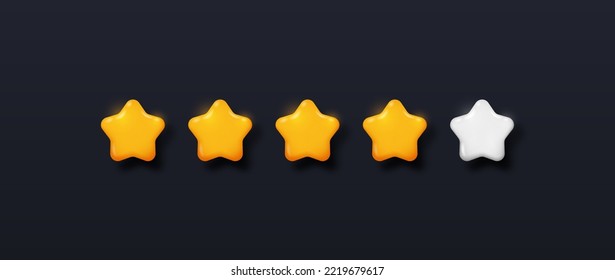 Customer rating feedback. Four out of five stars, feedback, user opinion and review. Advertising poster or banner, modern marketing methods. Rating and ranking. Cartoon 3D vector illustration