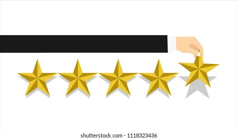 Customer rating, feedback, star rating, quality work. Businessman holding a gold star in hand, to give five. Evaluation system. Positive review. Flat vector illustration