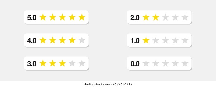 Customer rating icon set. Five stars customer product rate review flat icon. Customer review with 0-5 yellow stars. Service satisfaction, quality, good rate vector illustration