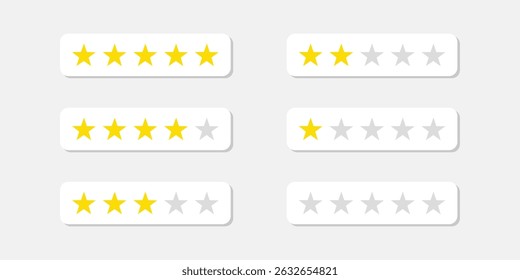 Customer rating icon set. Five stars customer product rate review flat icon. Customer review with 0-5 yellow stars. Service satisfaction, quality, good rate vector illustration