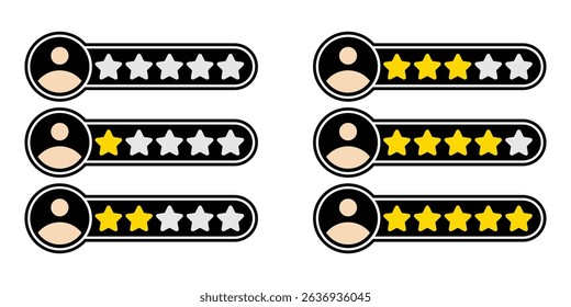 Customer Rating Icons Set. User Review Star Icons Pack. 5 Star Feedback Icon Design. Customer Satisfaction Rating Icons