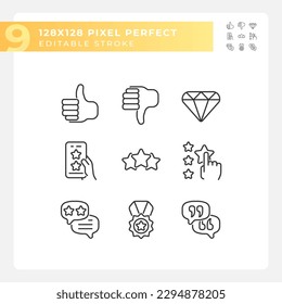 Customer rating pixel perfect linear icons set. Client feedback about product usage. Business ranking process. Customizable thin line symbols. Isolated vector outline illustrations. Editable stroke