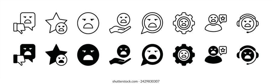 Customer rating and review icon set. Containing unsatisfied, experience negative, complaint, unhappy, 1 star, poor service, bad support. Vector illustration