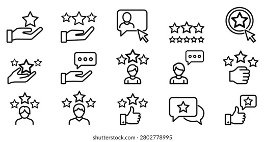 Customer Rating And Review Icon Set Featuring Star Rating Feedback User Profile Thumbs Up Chat Bubble And Satisfaction Symbols For Business Service Quality And Review Design