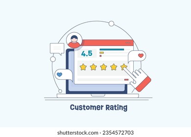 Calificación del cliente, satisfacción del cliente, Personas que comparten una revisión positiva en Internet, Calidad de producto mejor calificada, Comentarios y clasificación - fondo de ilustración vectorial con iconos