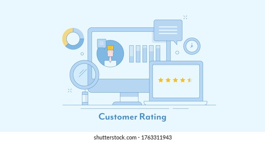 Clasificación de clientes, experiencia de uso compartido de clientes, gestión de reputación en línea, estrategia de marketing digital - banner horizontal de vector de línea plana conceptual