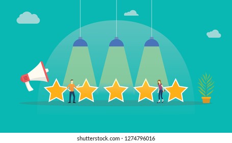 customer rating star feedback with team people standing with big stars - vector
