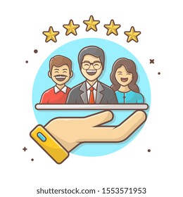 Vektorgrafik-Illustration zur Kundenbewertung. Menschen auf der Hand, Business Icon Konzept weiß isoliert. Flachbildfernseher, geeignet für Web-Landing-Page, Banner, Aufkleber, Hintergrund