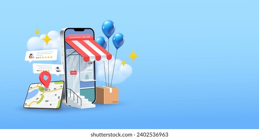 Kundenbewertungen und Rezensionen der lokalen Suche Online-Shopping-Marketing 3D-Illustration-Design