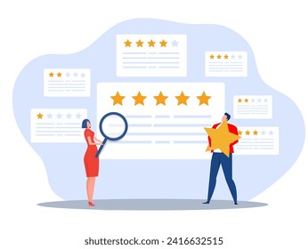 Customer Ratings and Survey Reviews businessman use pencil giving stars evaluation  performance survey excellent 5 stars service flat vector design