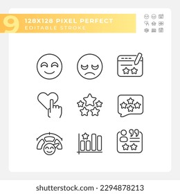 Customer reaction on content pixel perfect linear icons set. Evaluation of service. Customer experience. Customizable thin line symbols. Isolated vector outline illustrations. Editable stroke